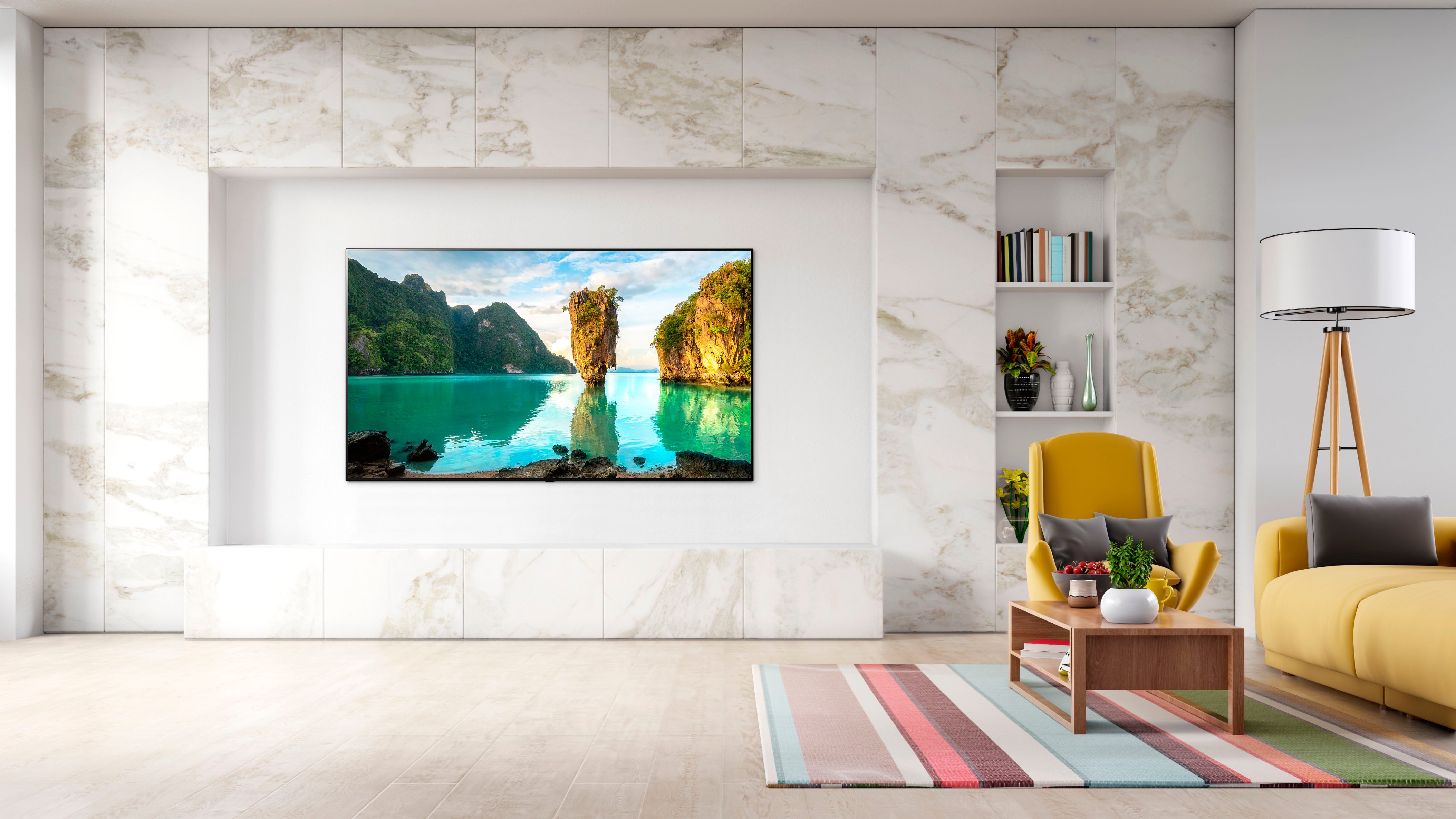 An 83-inch LG C1 OLED TV hangs on a living room wall.