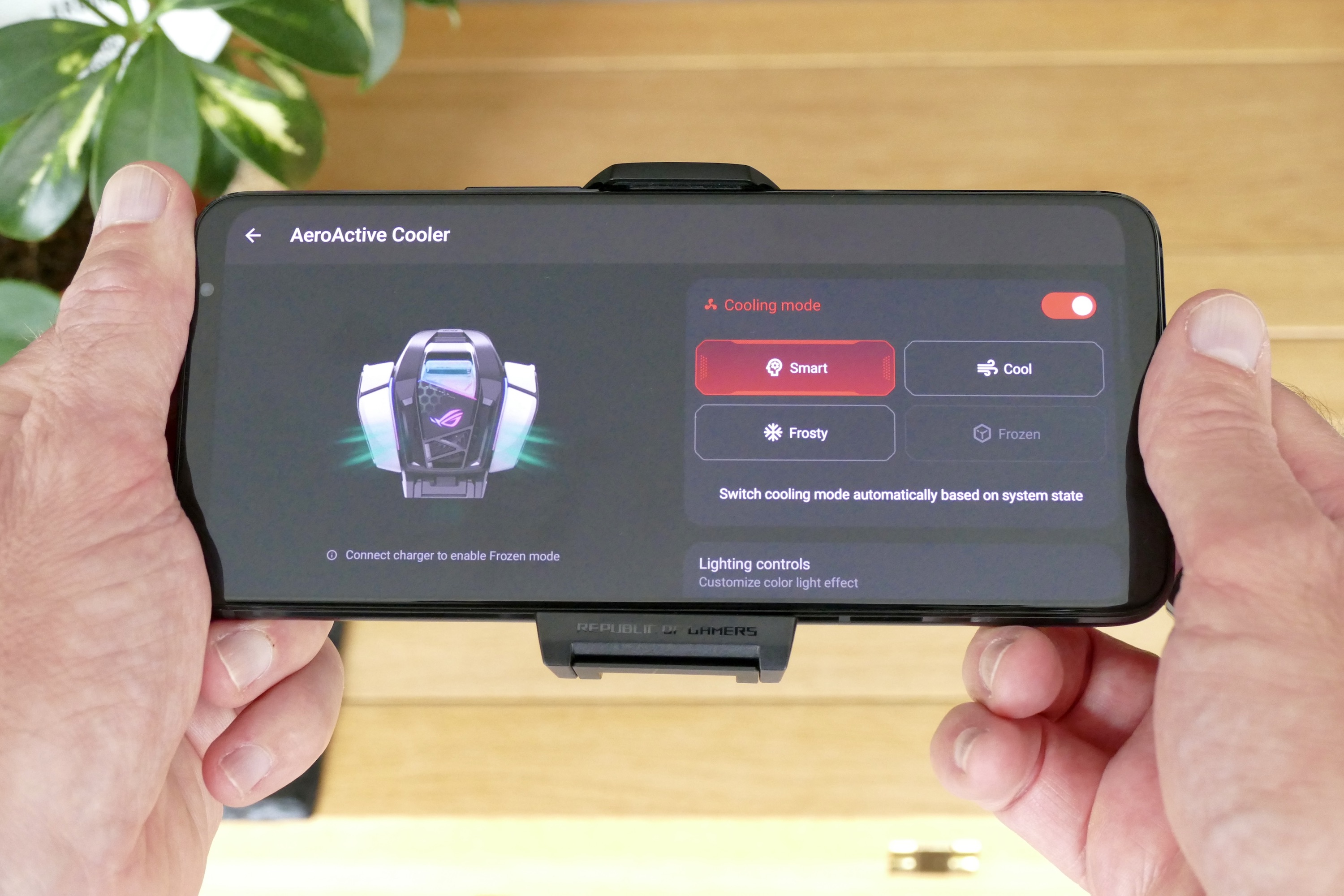 Asus ROG Phone 6 Pro with the AeroActive Cooler 6 settings menu.