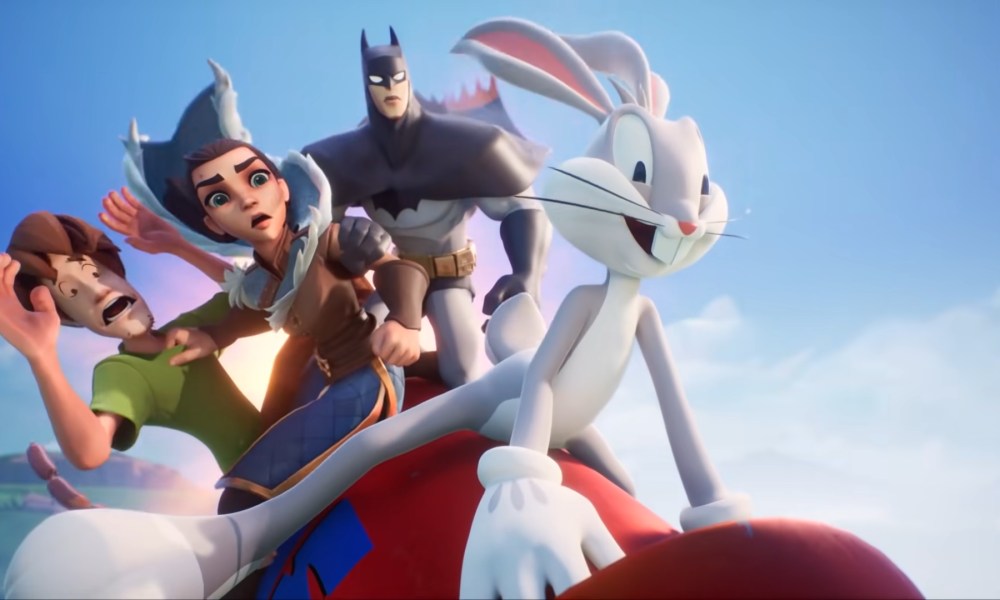 Shaggy, Arya Stark, Batman, and Buds Bunny on an Acme rocket.