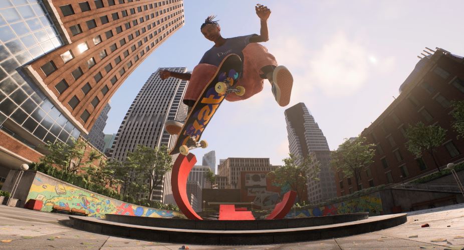 A player does a trick on a skateboard in skate.