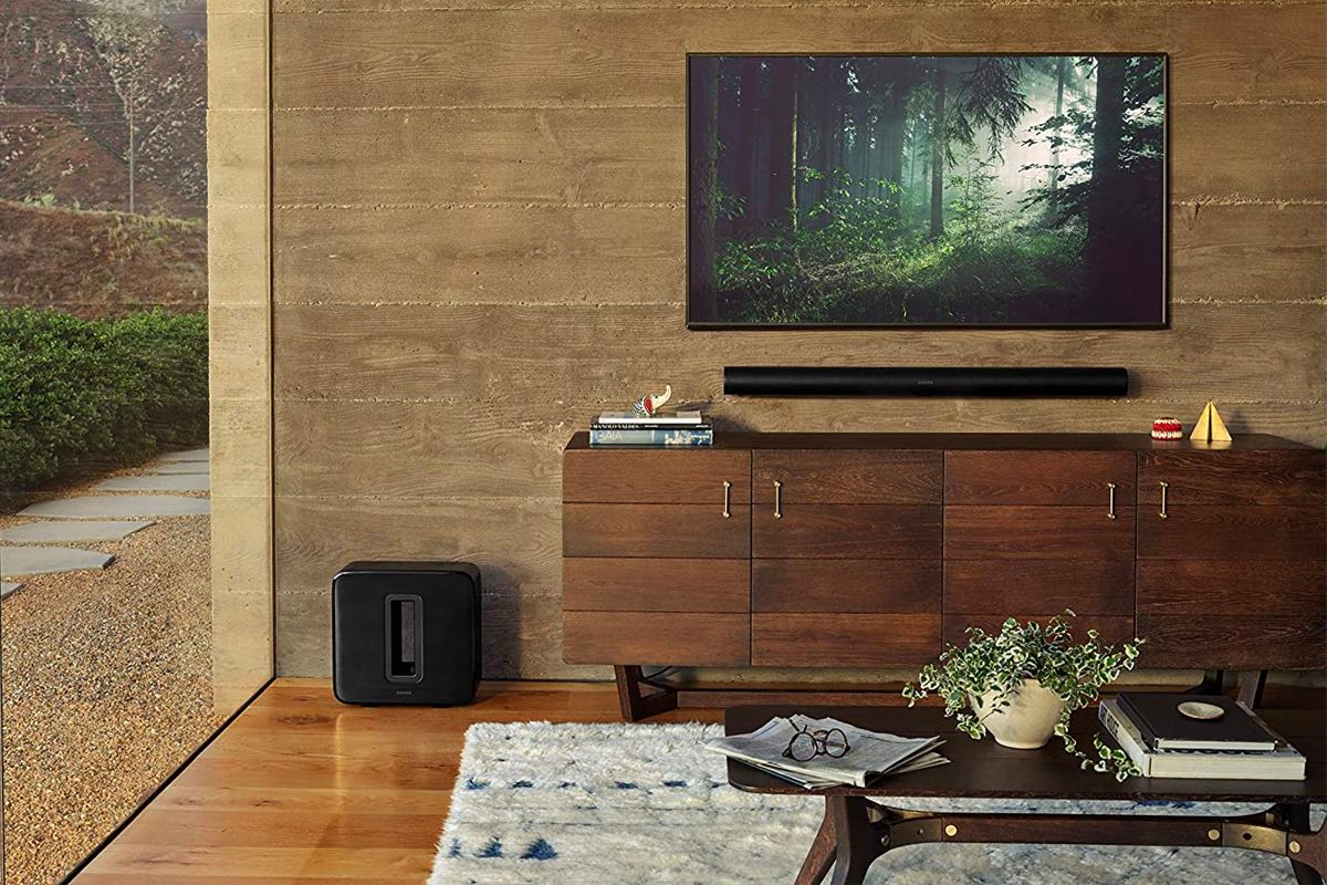 A Sonos Arc soundbar within a home theater setup.