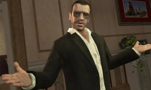 Niko Bellic with arms outstretched in Grand Theft Auto IV.