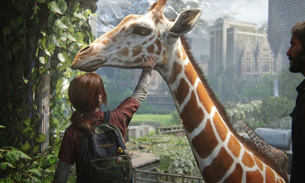 Ellie pets a giraffe in The Last of Us Part I.