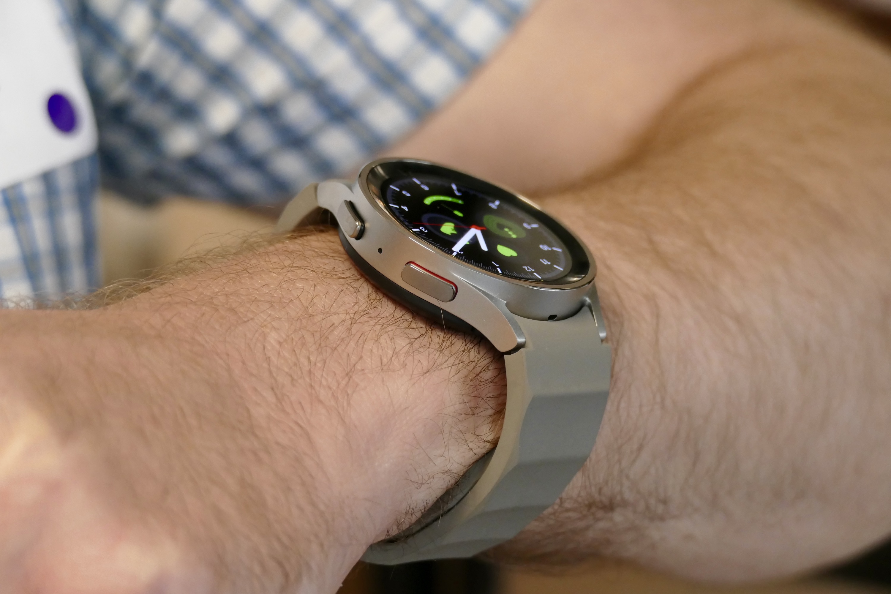 Samsung Galaxy Watch 5 Pro worn on a mans wrist.