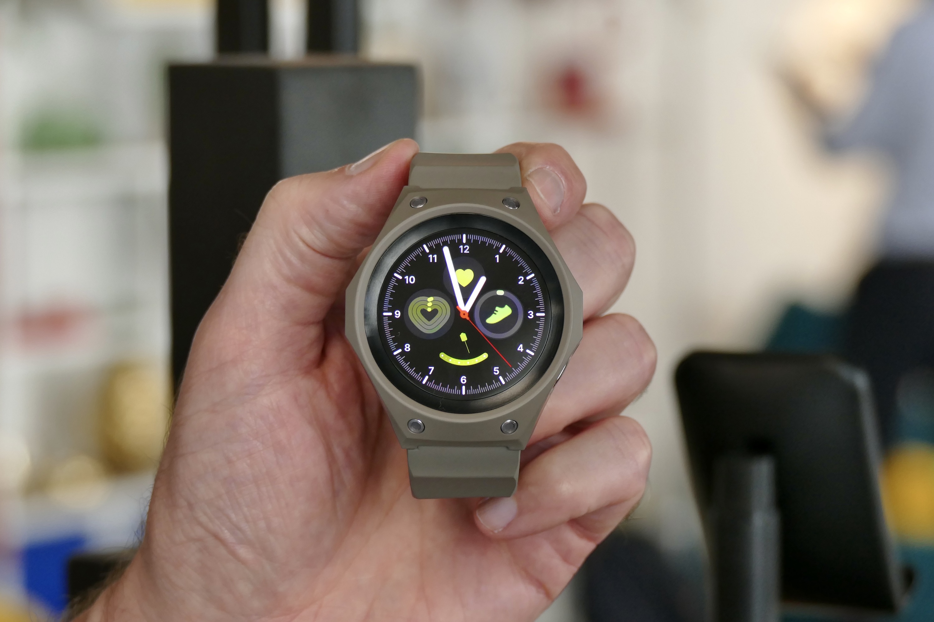 The Samsung Galaxy Watch 5 Pro with its tough case fitted,