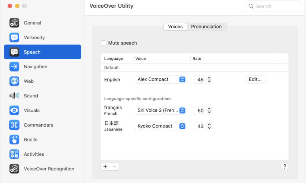 Voice options in VoiceOver.