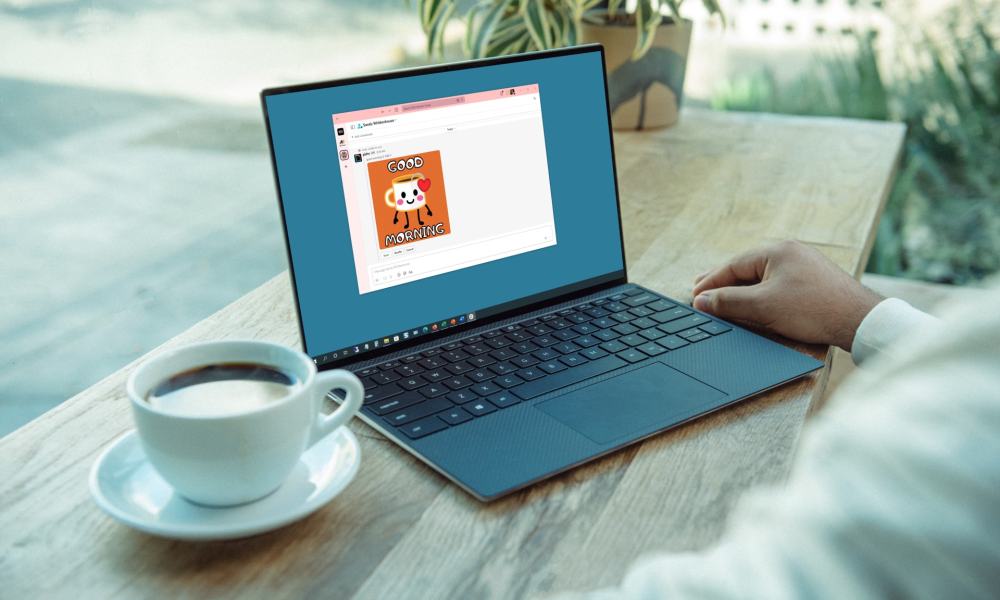Good Morning GIF in Slack on a laptop.