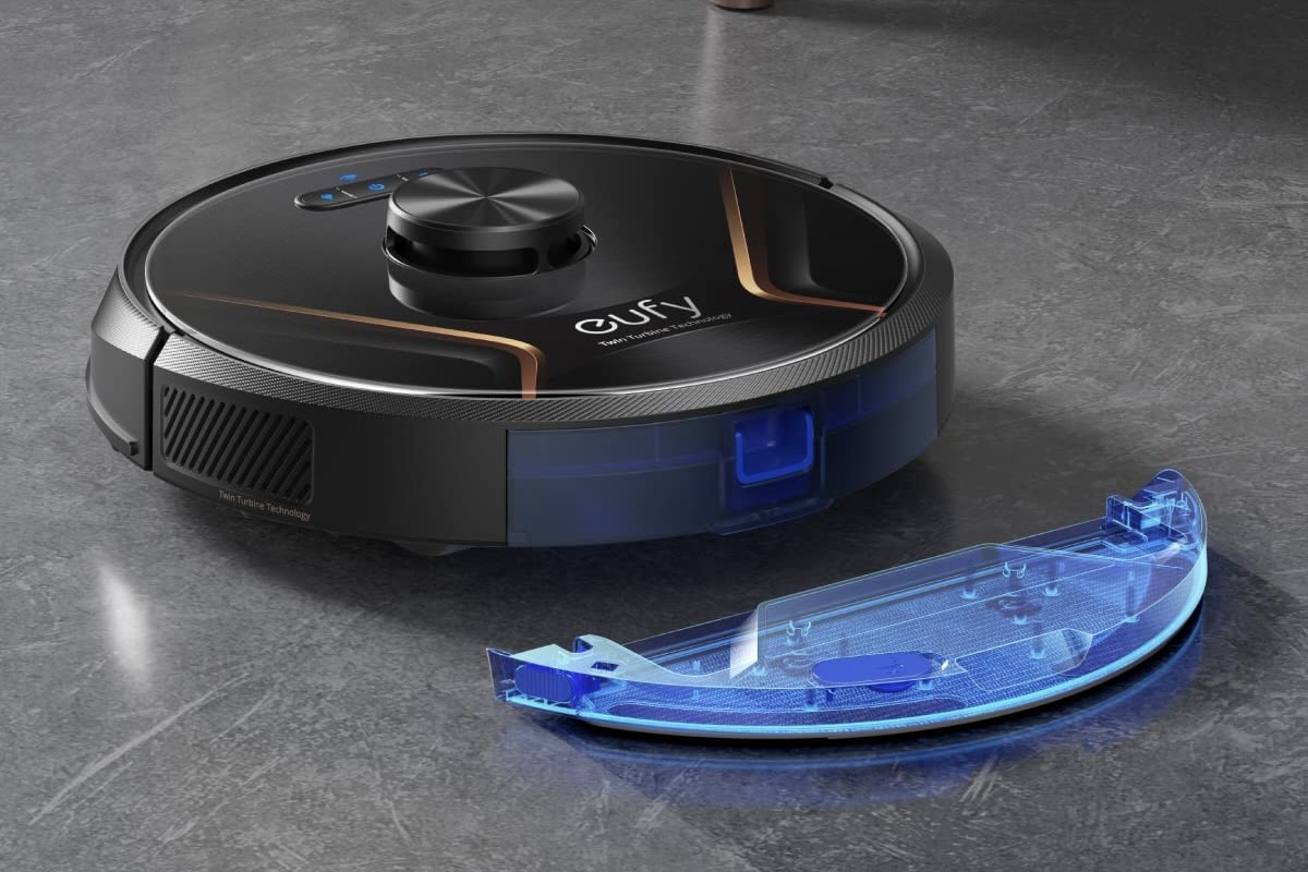 The Eufy Robovac X8 Hybrid actively cleaning a floor.