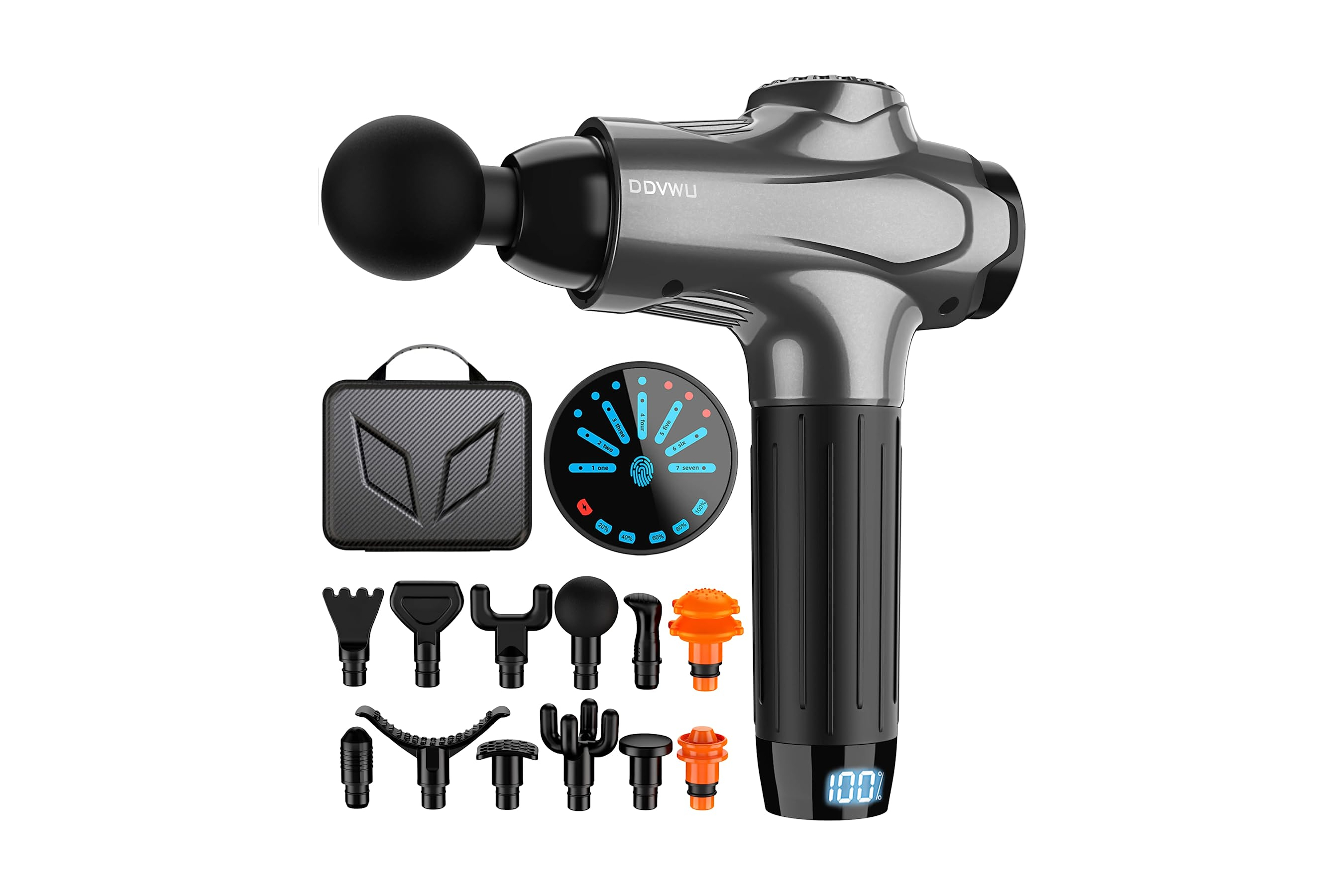 Massage Gun with accessories on white background. 