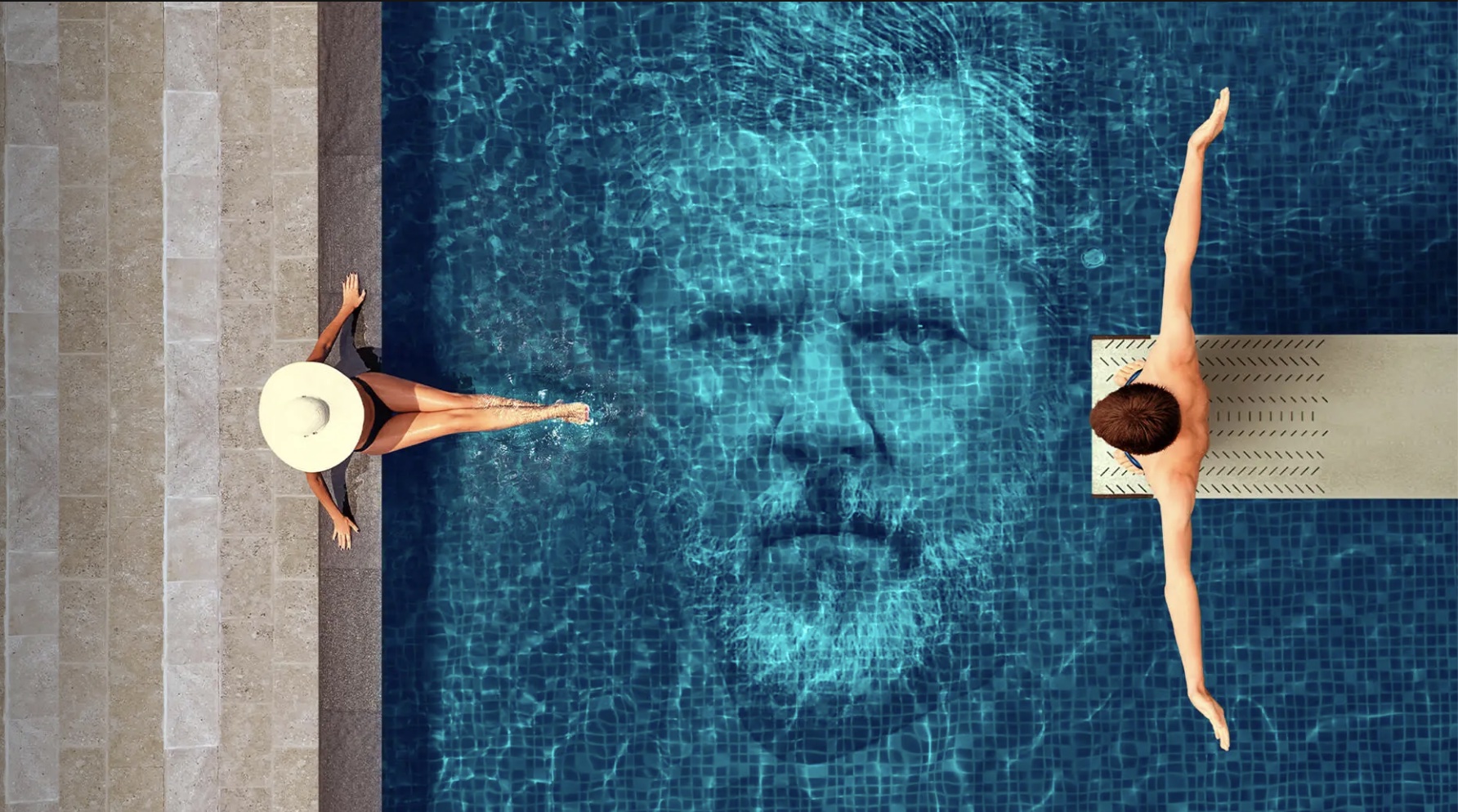 A man and a woman sit by a pool with an image of a Jerry Falwell Jr.'s face in the water.