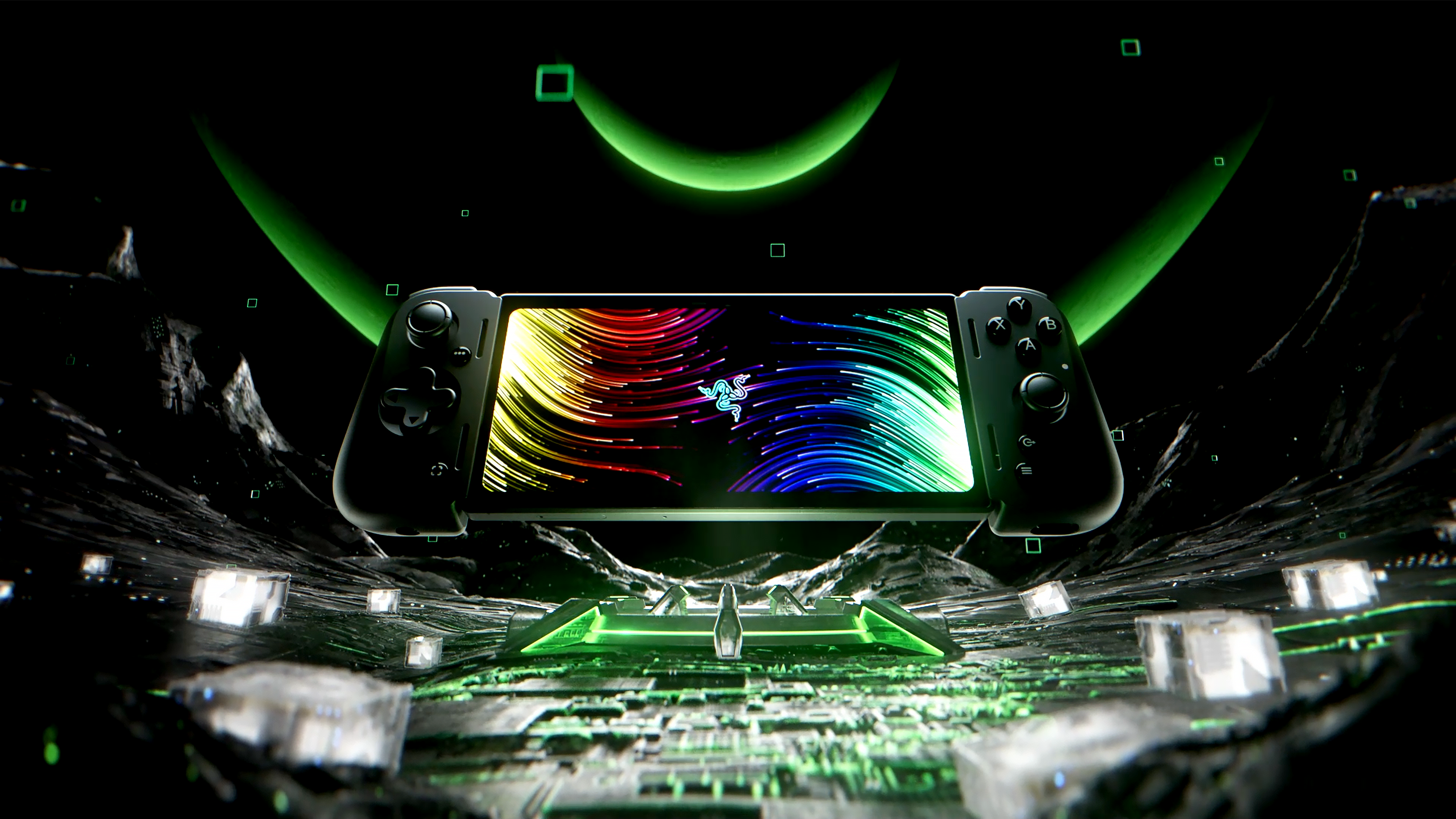 The Razer Edge floats in a digital computer backdrop.