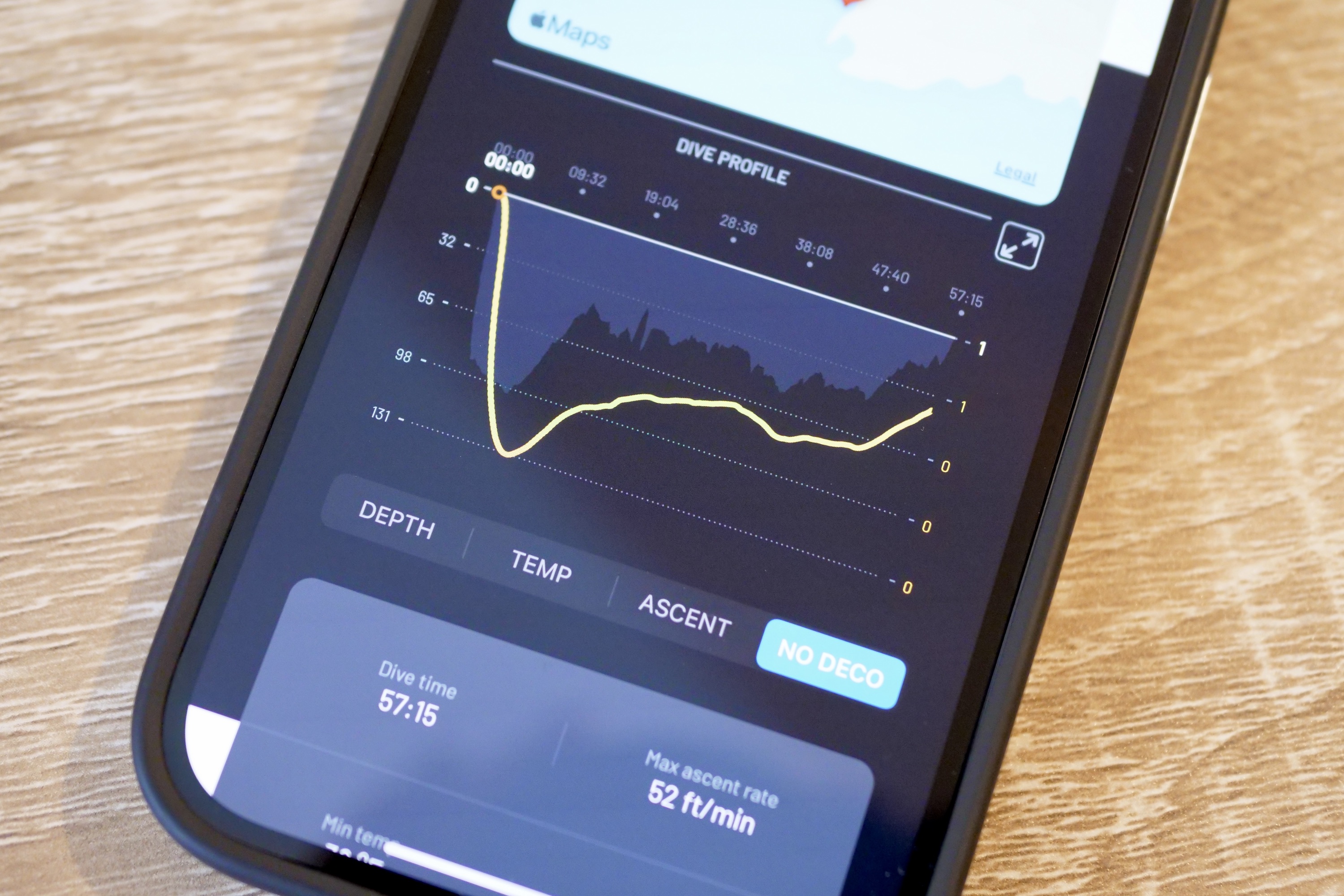 Graphs showing dive data in the Oceanic+ app.