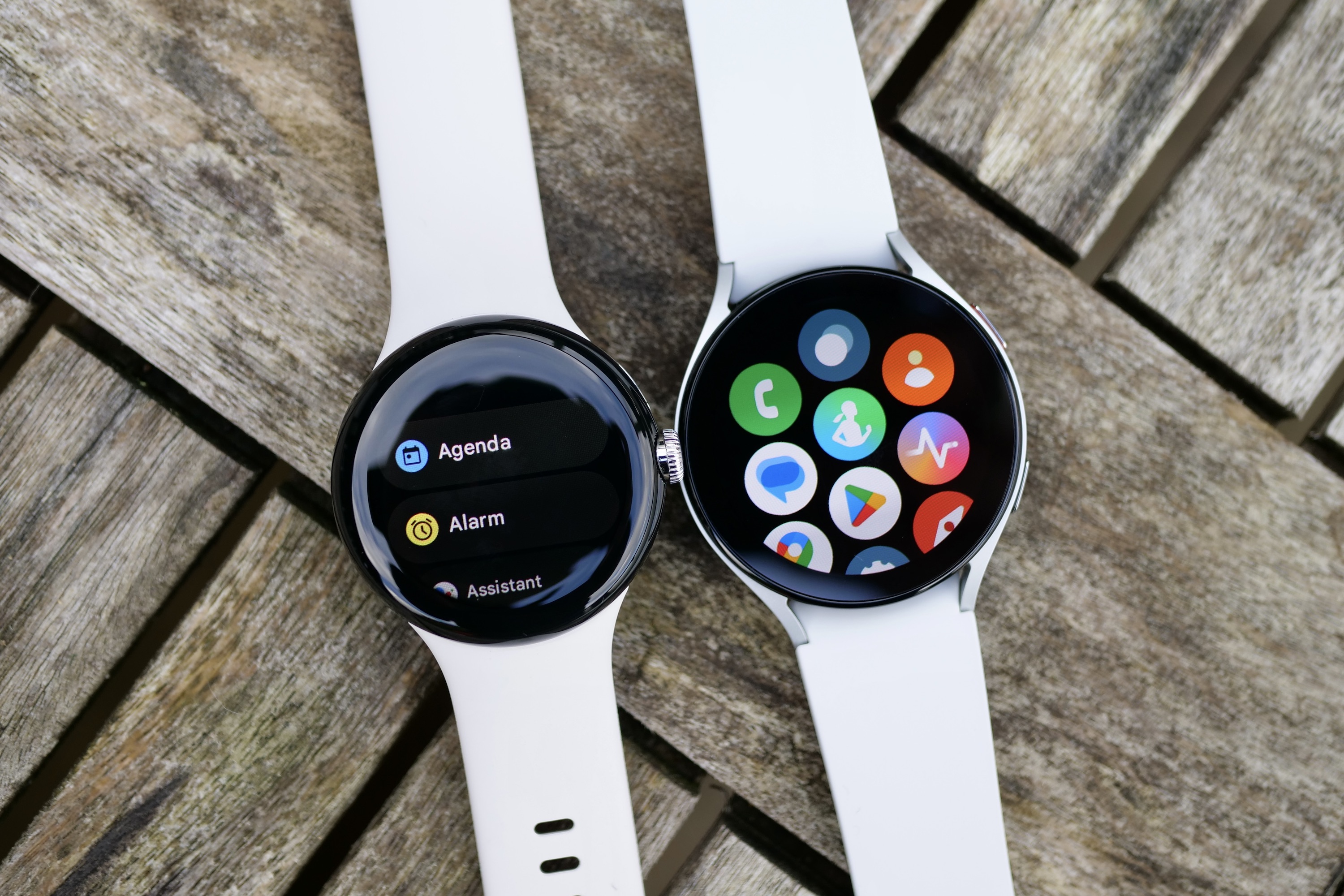 The main menu screens on the Pixel Watch and the Galaxy Watch 5.