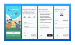 Series of four mobile screenshots showing Mastodon's sign-up process.