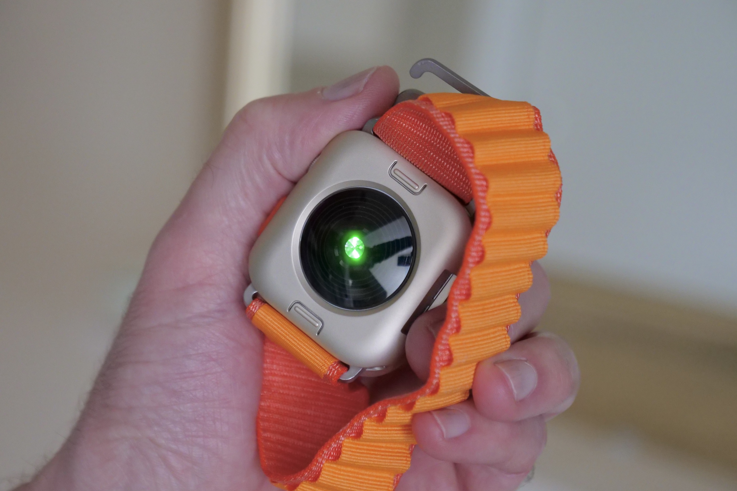 The back of the Apple Watch SE 2 in its protective case.