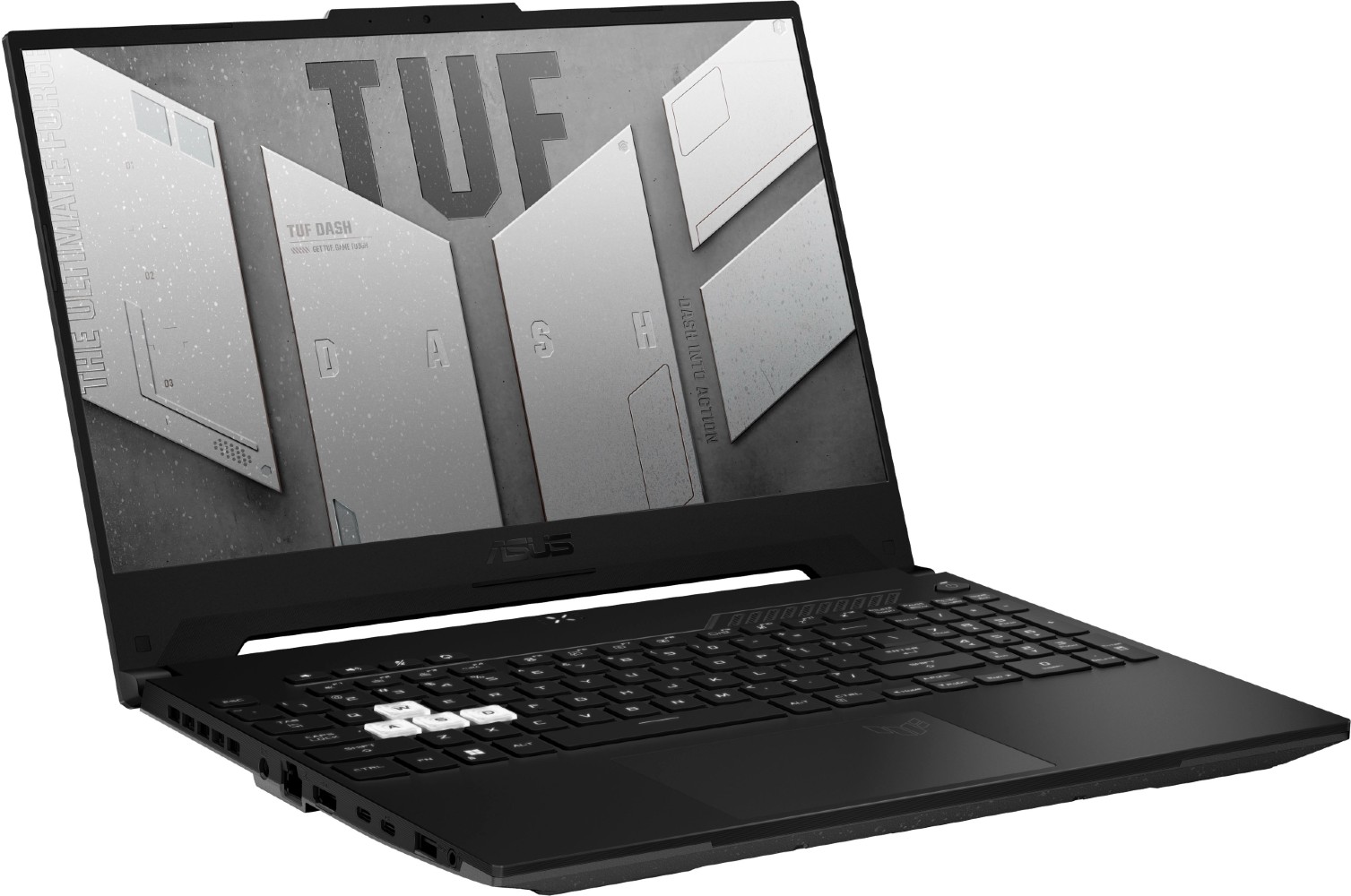 An Asus TUF Dash gaming laptop sits open.