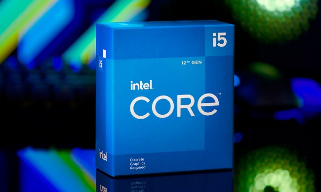 Intel Core i5-12400F box sitting in front of a gaming PC.