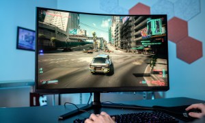 Cyberpunk 2077 running on the Samsung Odyssey Neo G8 monitor.