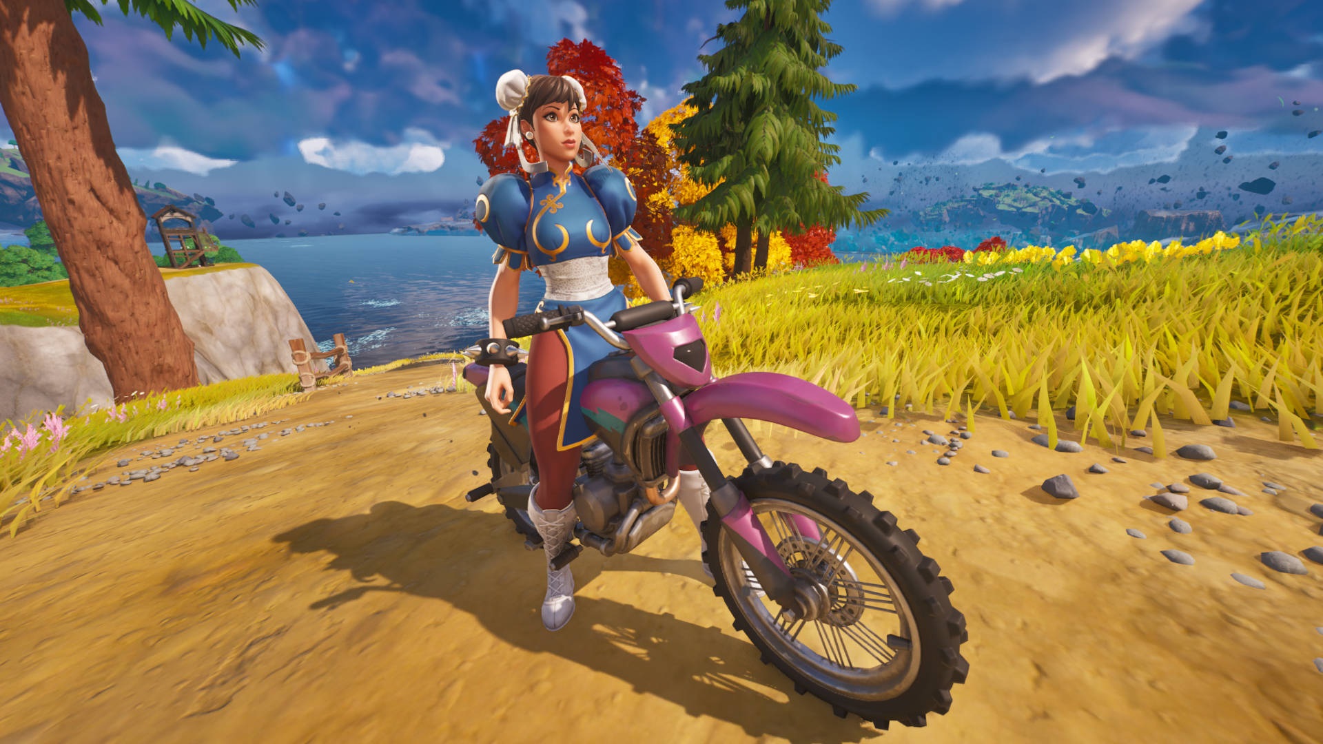 fortnite weapon pool chapter four chun li riding the new motorcycles in