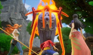 Luffy, Nami, and Nico Robin standing against a fire golem in One Piece Odyssey.