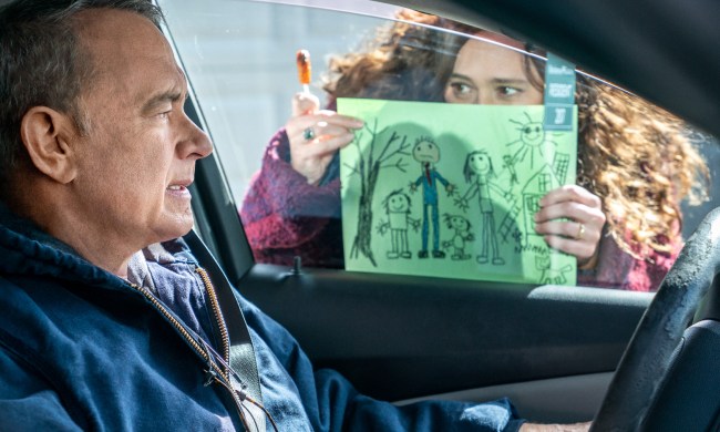 Mariana Treviño shows a drawing to Tom Hanks in A Man Called Otto.