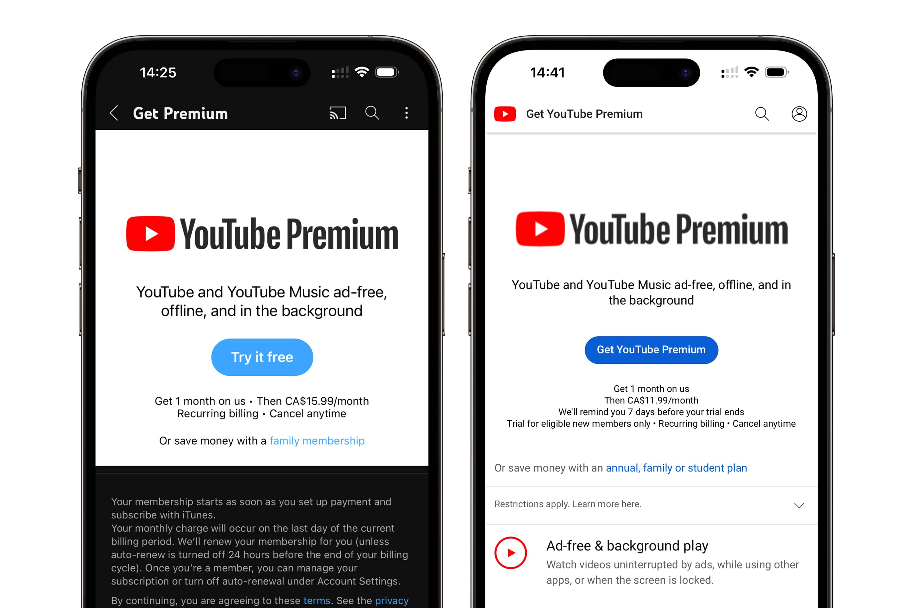 Two iPhones showing comparison of YouTube Premium prices.