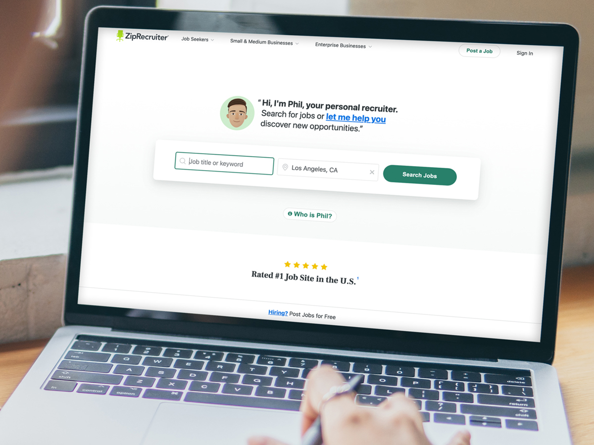 The ZipRecruiter job search tool being used on a laptop.
