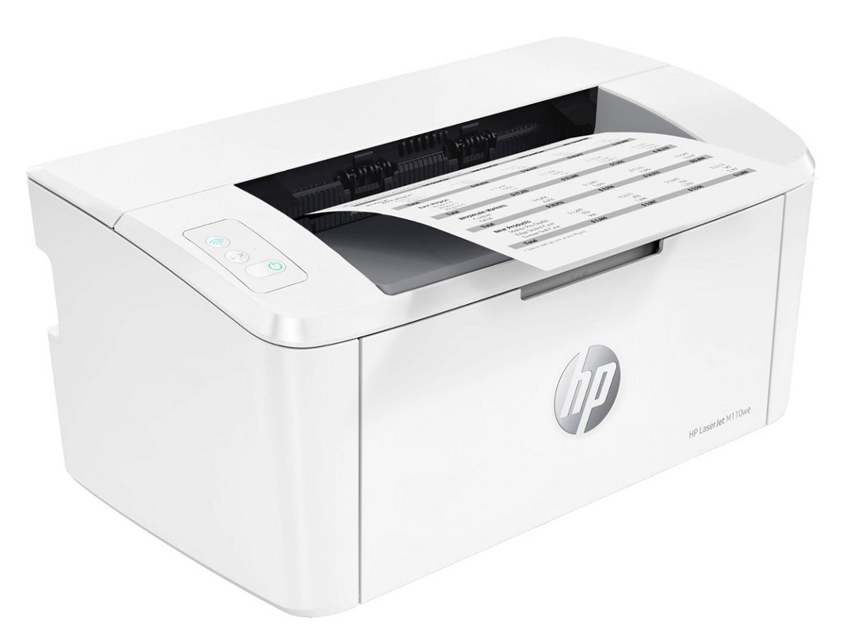 The HP LaserJet M110we Wireless Black and White Laser Printer on a whit background, printing a document.