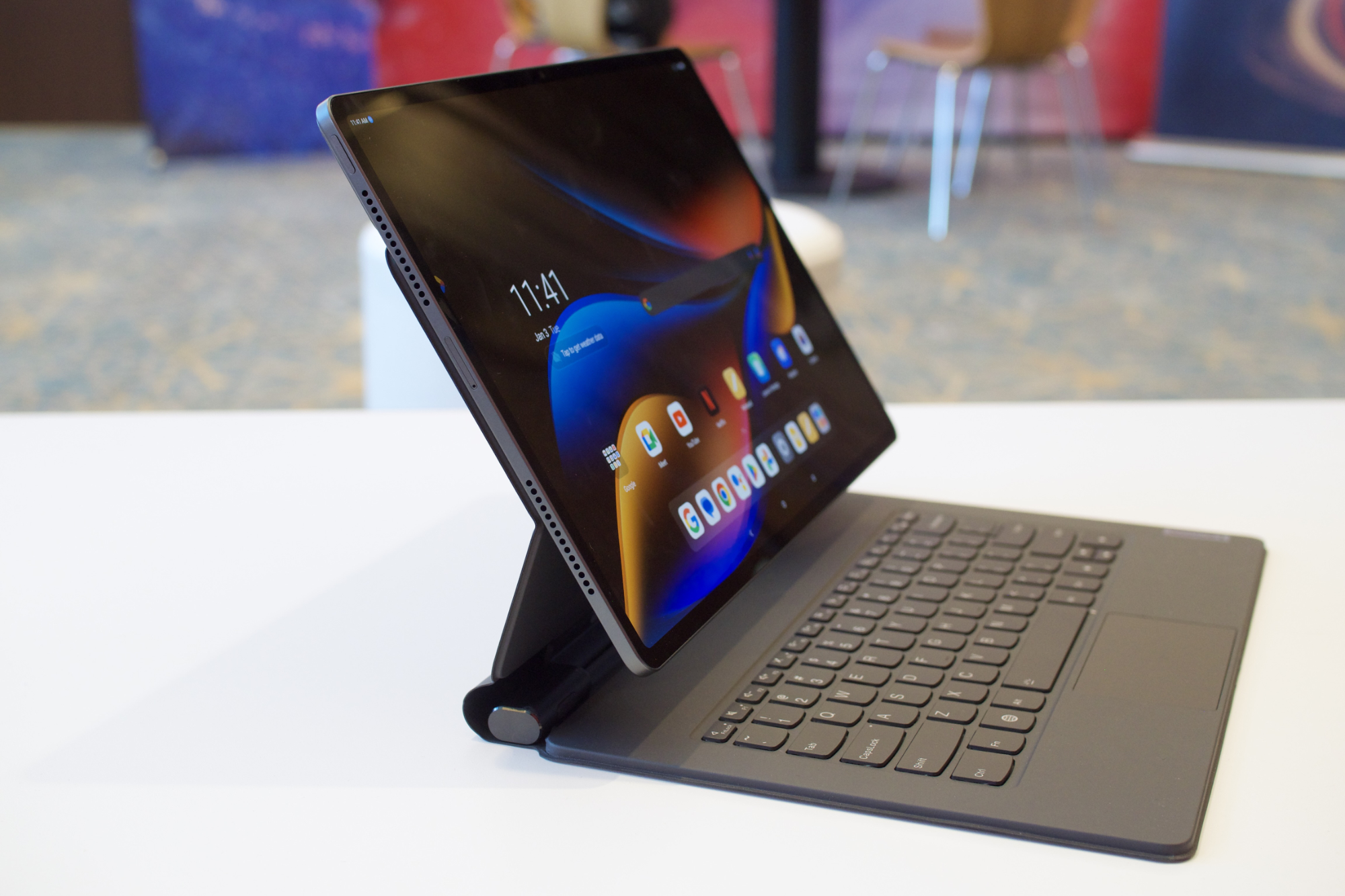 The Lenovo Tab Extreme in its keyboard dock accessory.