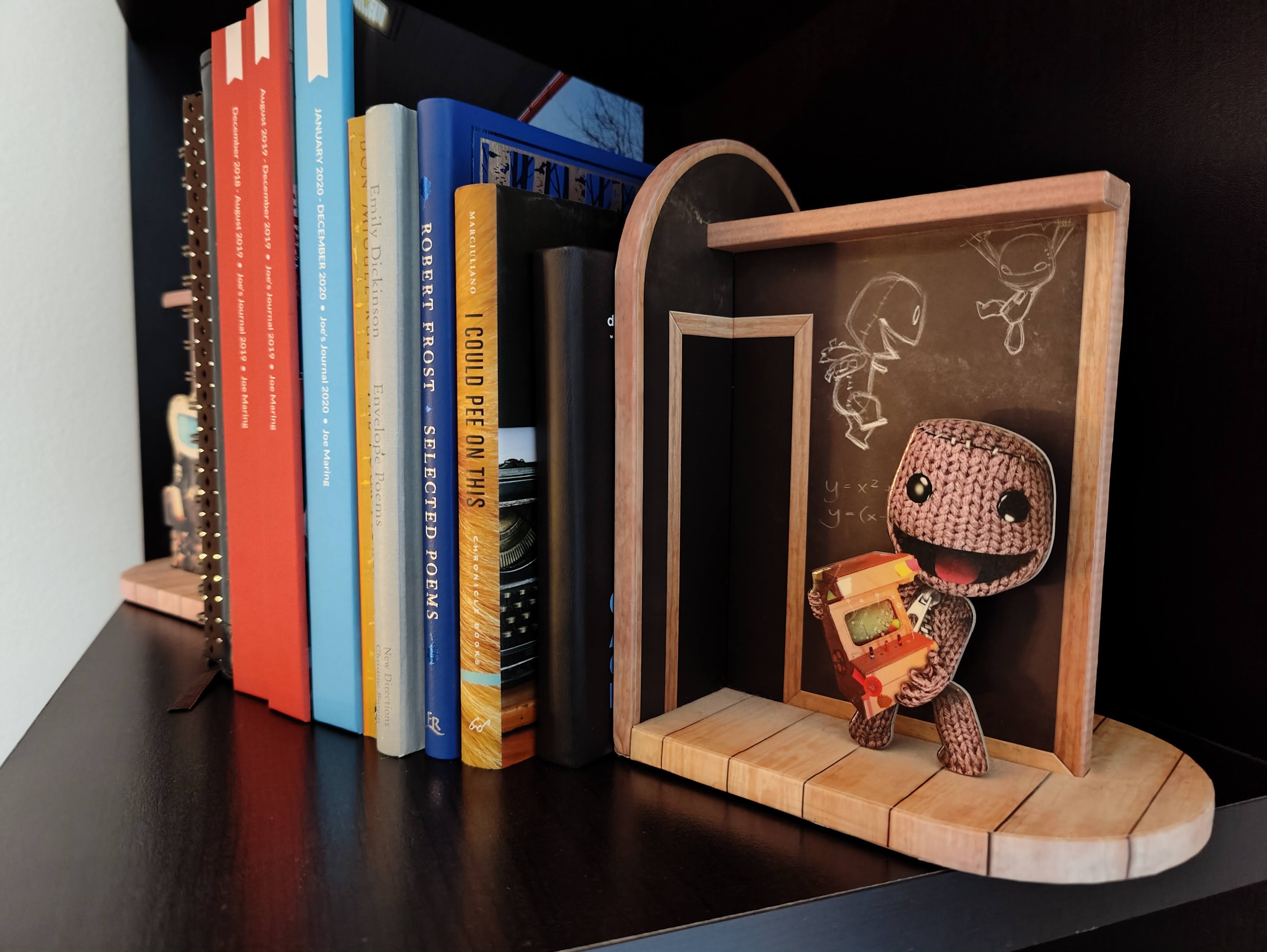 Photo of books standing up with LittleBigPlanet bookends.