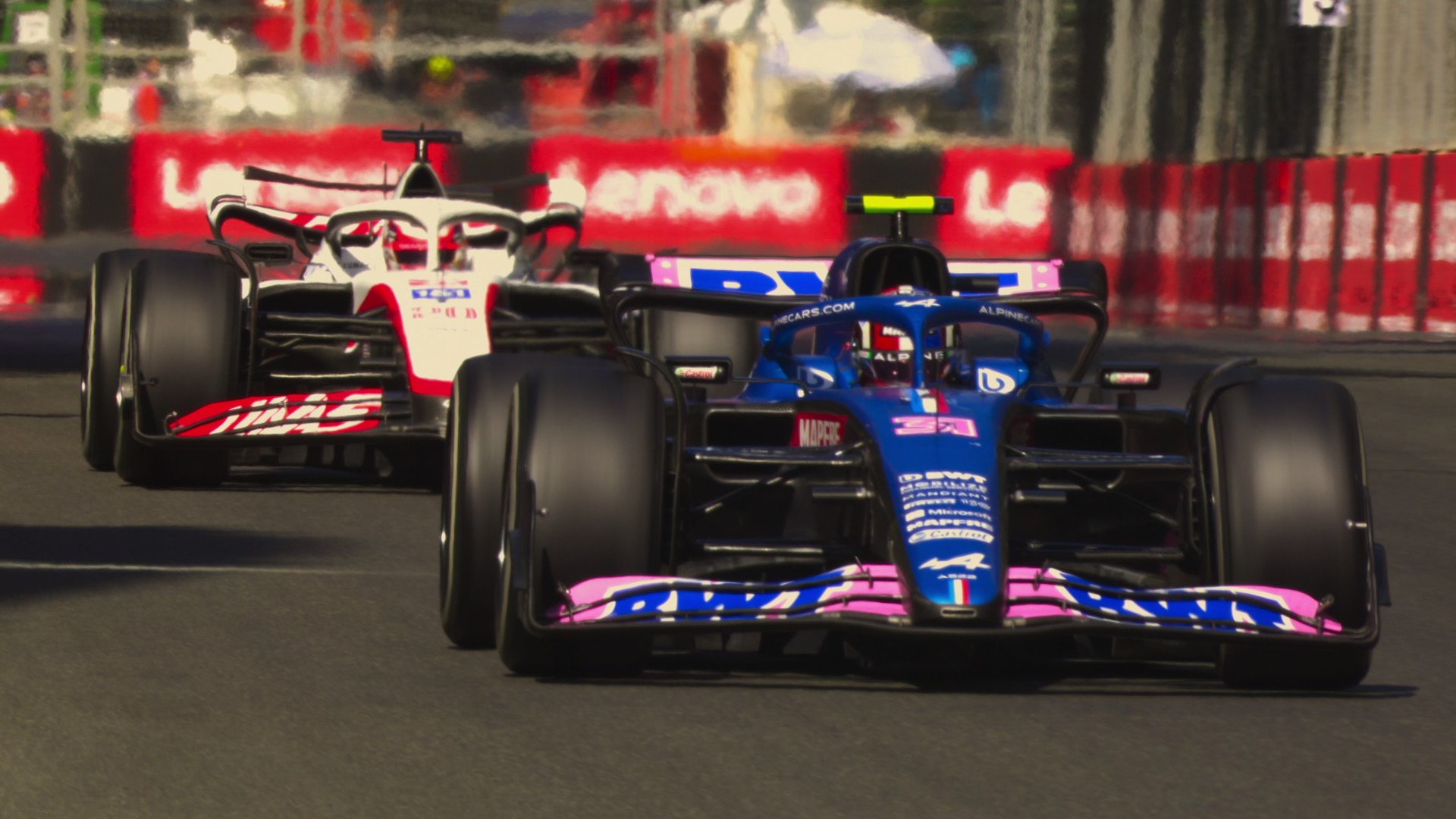 Two Formula 1 cars speed around a corner in a scene from season 5 of Formula 1: Drive to Survive.