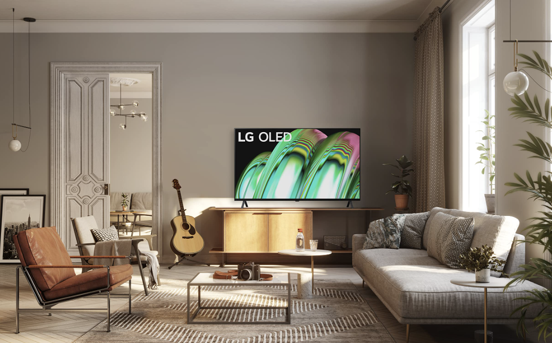 The LG A2 placed in a living room environment.