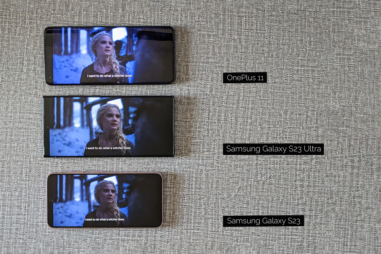 Samsung Galaxy S23 Ultra vs Samsung Galaxy S23 vs OnePlus 11 Dolby Vision HDR playback Netflix Witcher Season 2.