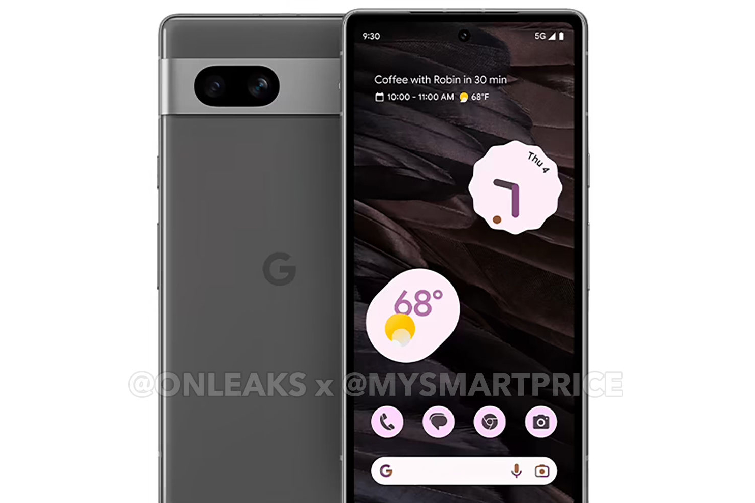 A leaked render of the Google Pixel 7a in a black color.