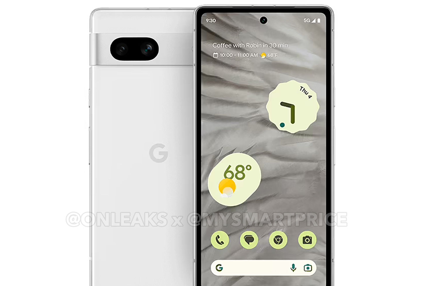 A leaked render of the Google Pixel 7a in a white color.