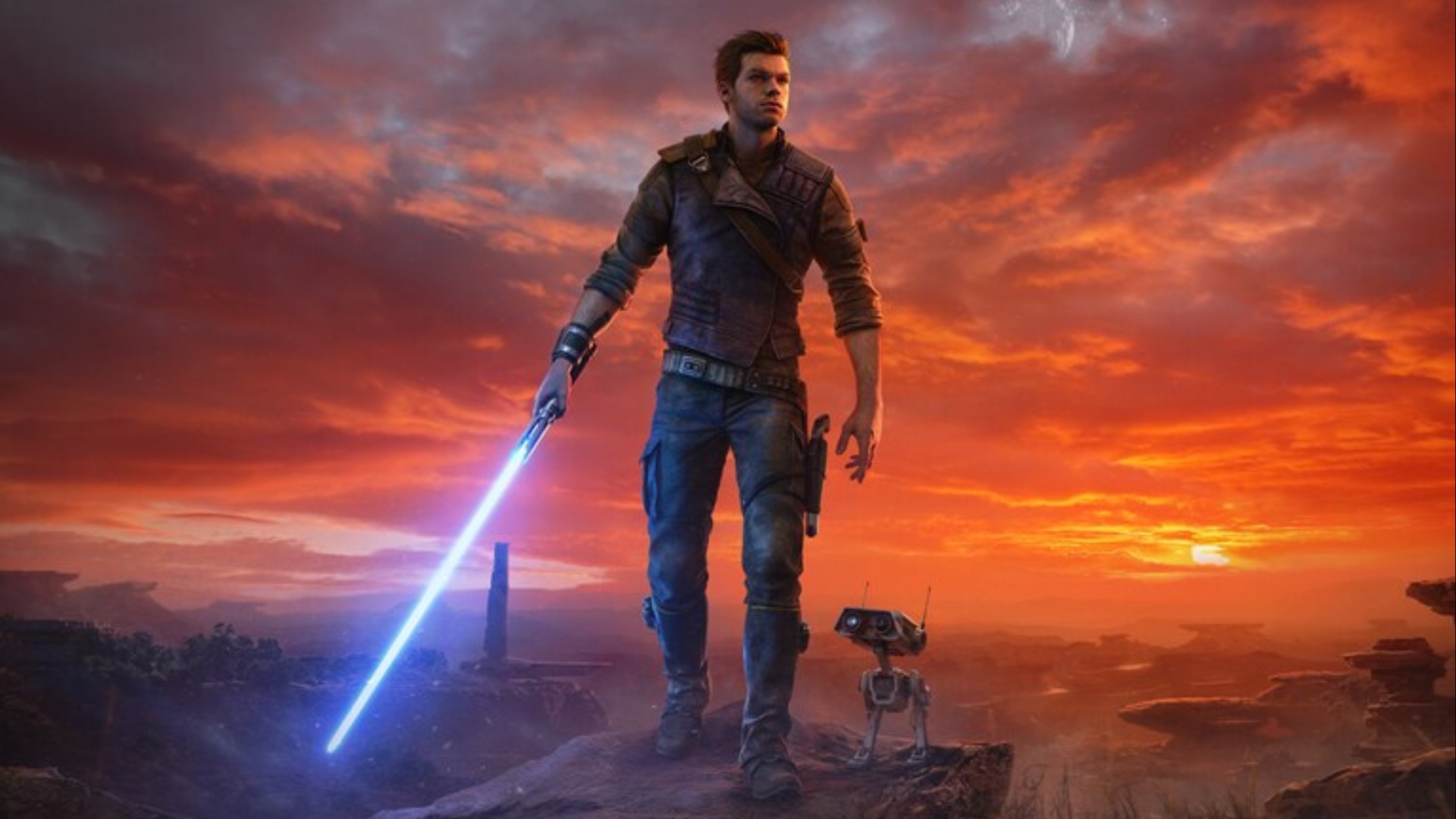 Cal wielding his blue lightsaber and walking with BD-1 in Star Wars Jedi: Survivor key art.