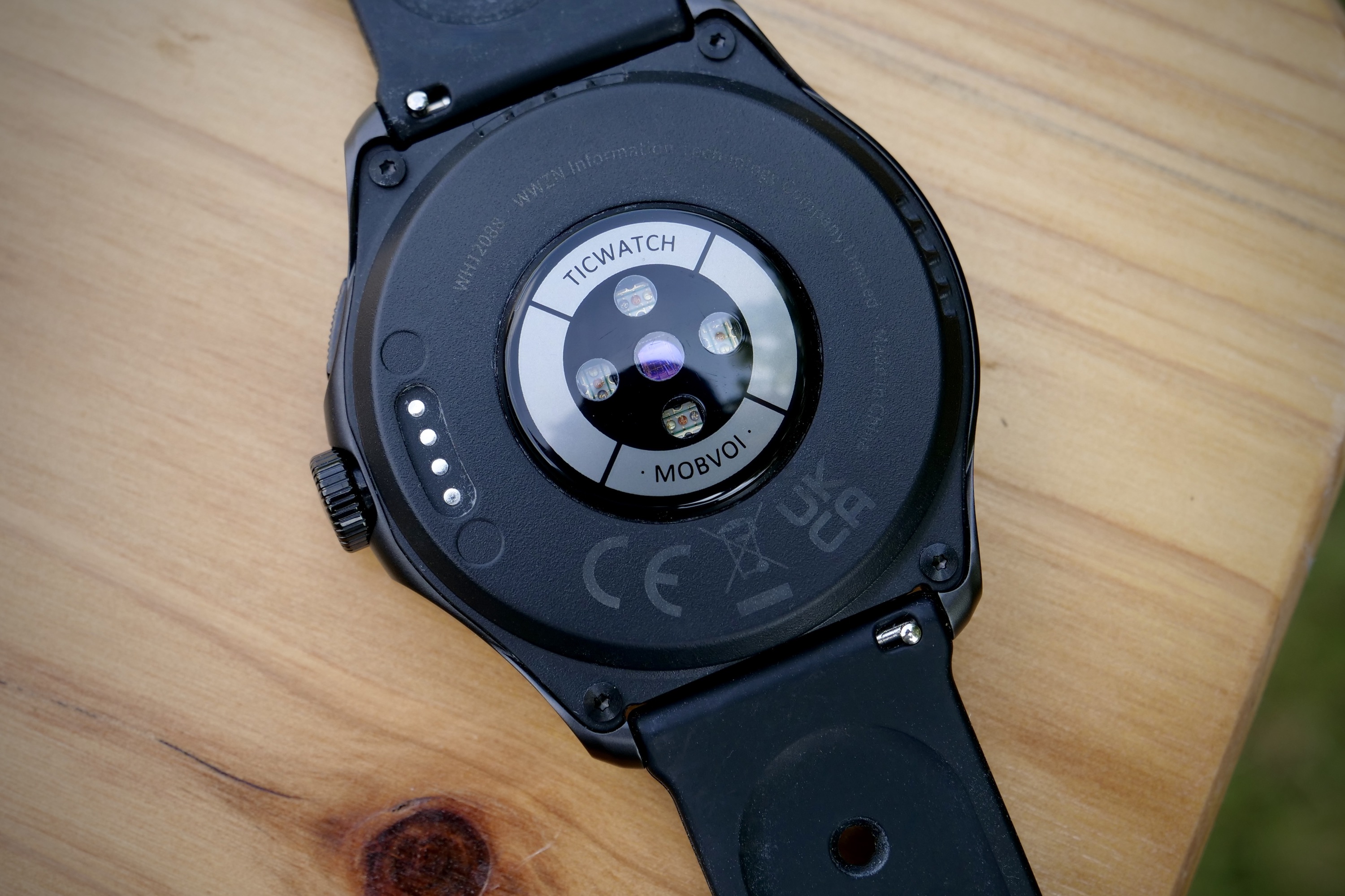 The Mobvoi TicWatch Pro 5's heart rate sensor.