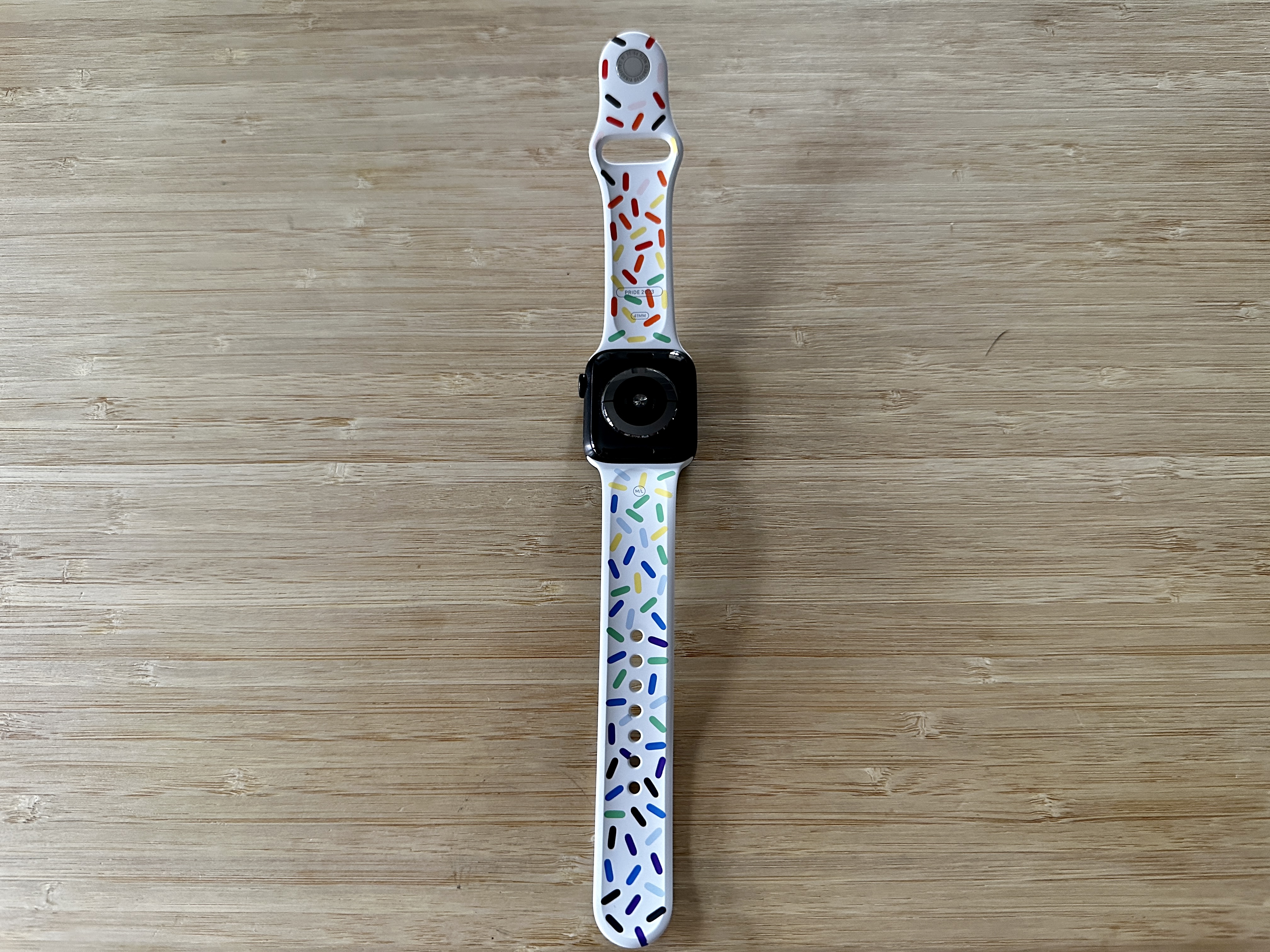 Back of an Apple Watch Series 5 with the 2023 Pride Edition Sport Band