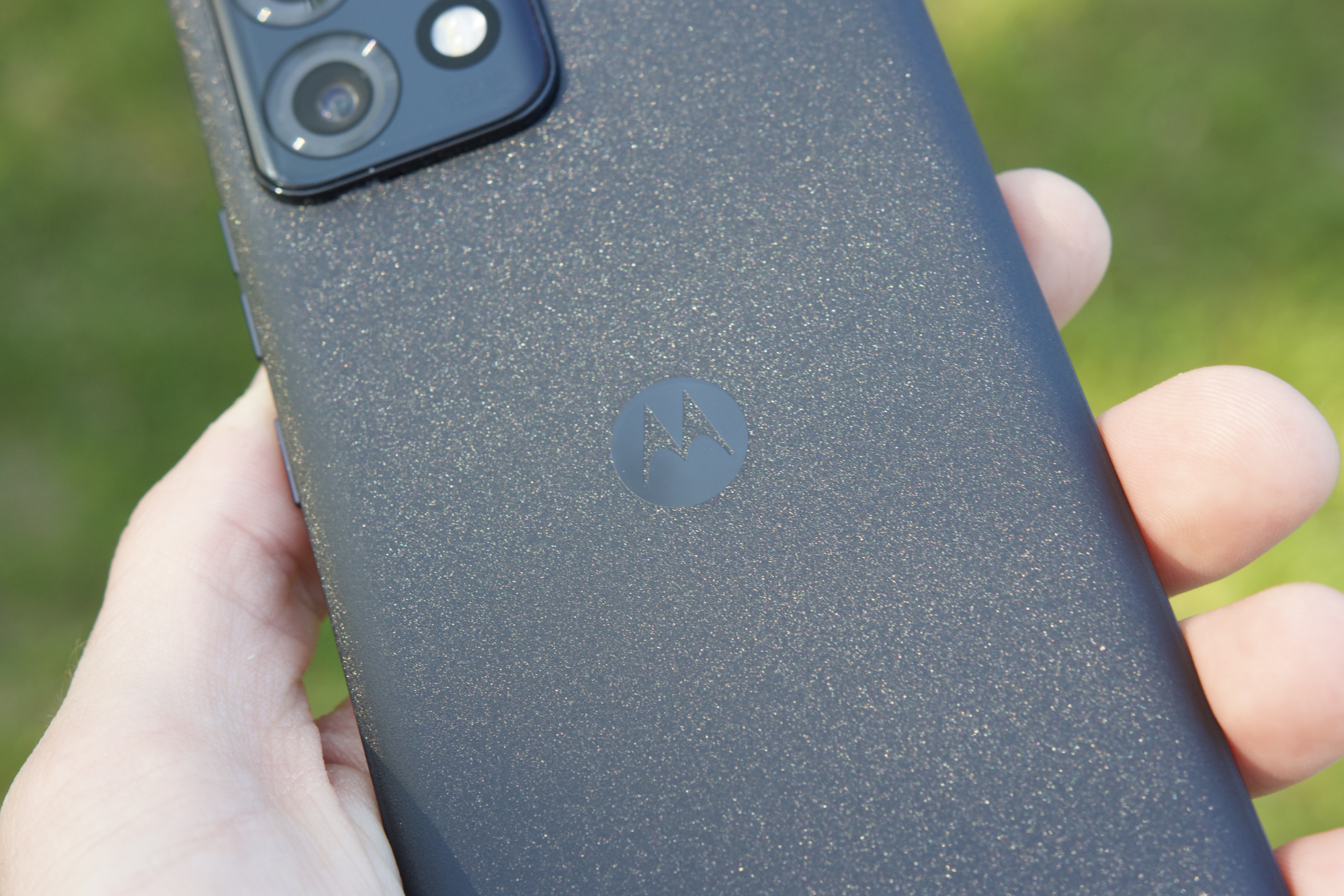 Close-up shot of the back of the Motorola Edge Plus (2023).