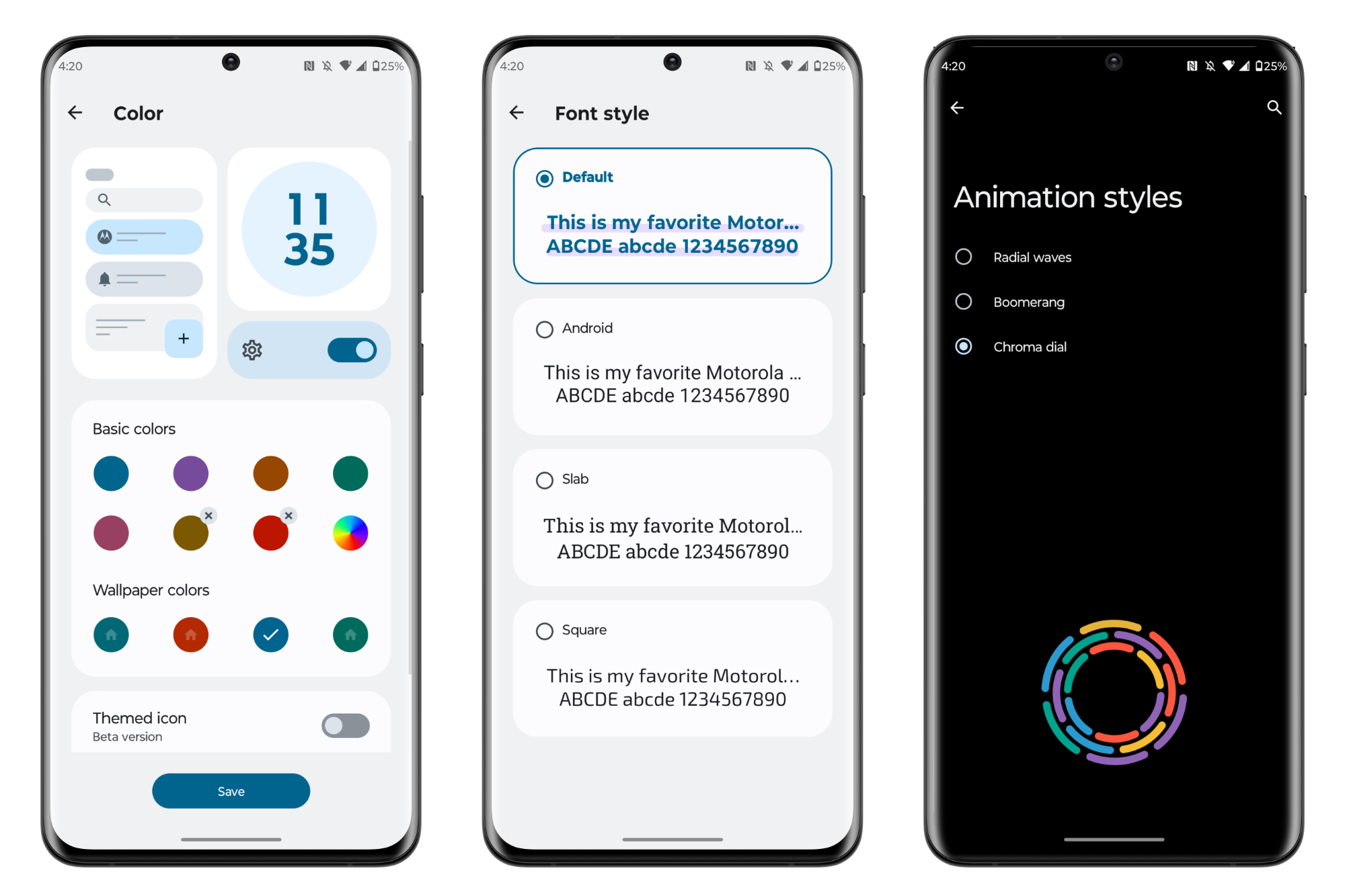 Screenshots of customization options on the Motorola Edge Plus (2023).