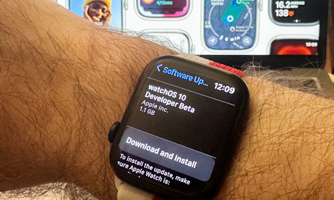 An Apple Watch showing the watchOS 10 Developer Beta update.
