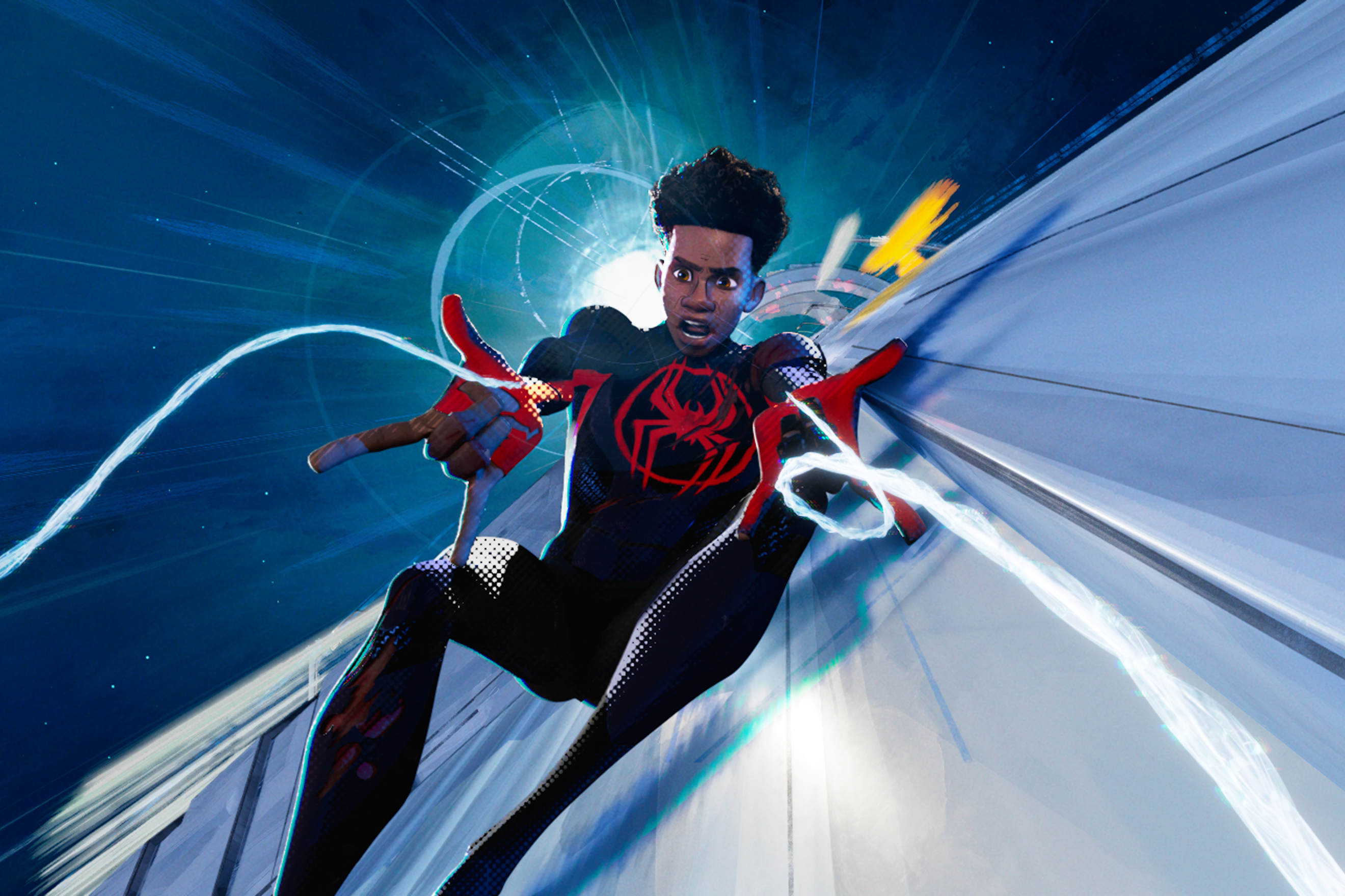 Miles shooting his webs in "Spider-Man: Across the Spider-Verse."