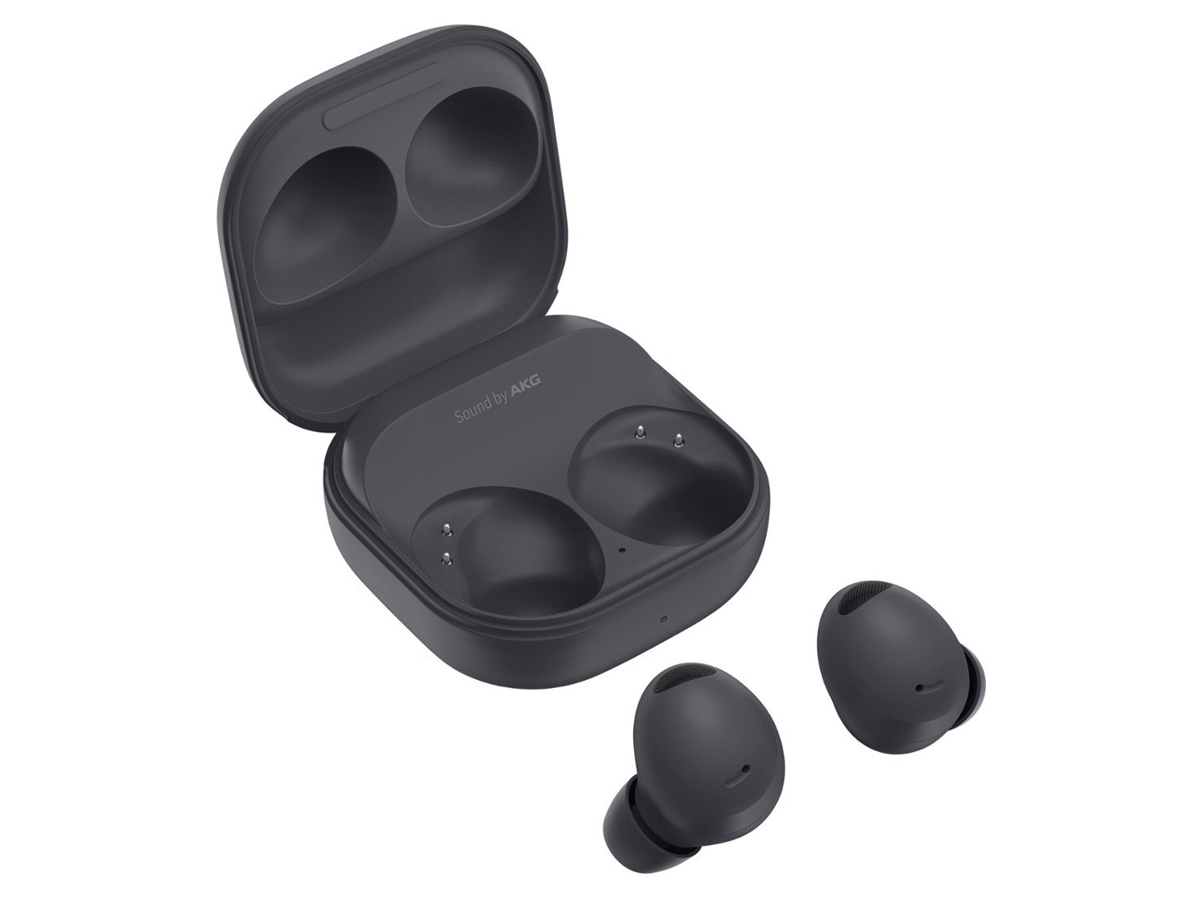 Black Samsung Galaxy Buds2 Pro and charging case against a white background.