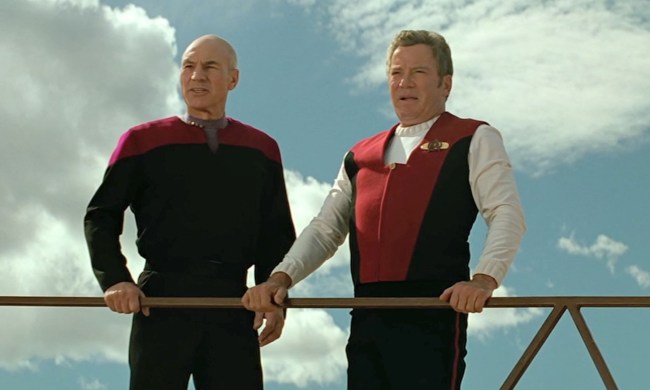 Kirk and Picard stand in Star Trek: Generations.