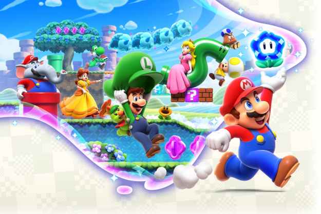 Mario, Luigi, Peach and Yoshi in Super Mario Bros.: Wonder key art.