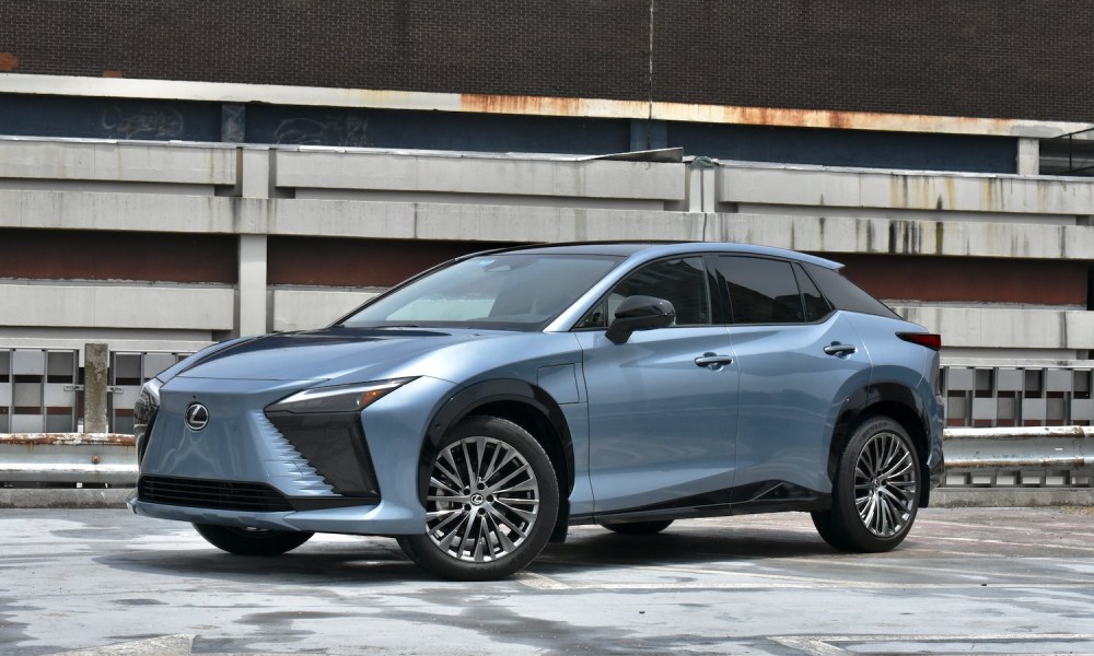 Front three quarter view of the 2023 Lexus RZ 450e.