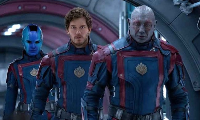 Karen Gillan, Chris Pratt, and Dave Baustista as Nebula, Star-Lord, and Drax in Guardians of the Galaxy Vol. 3,