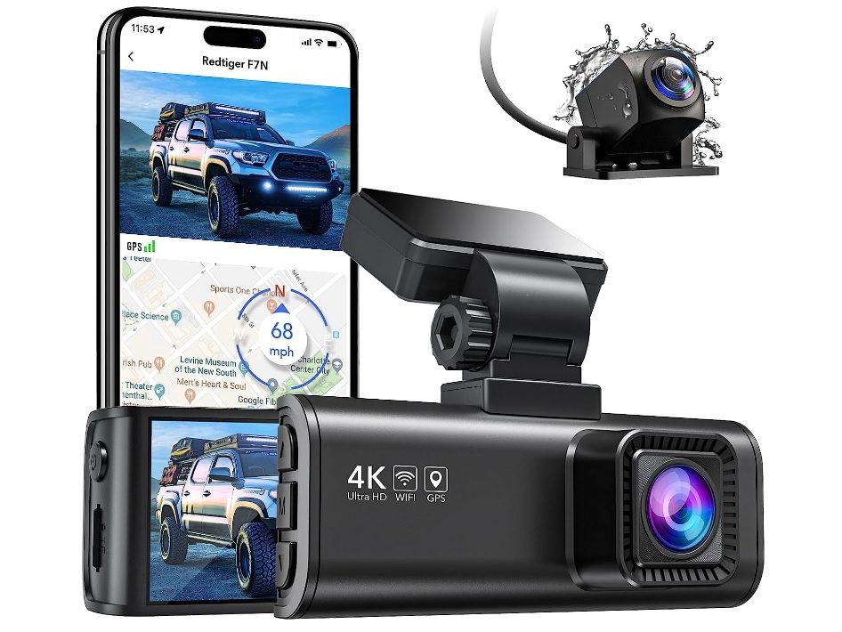 A manufacturer image displaying both of the cams provided with the REDTIGER 4K Dual Dash Cam as well as a peek at what the app looks like when in use.