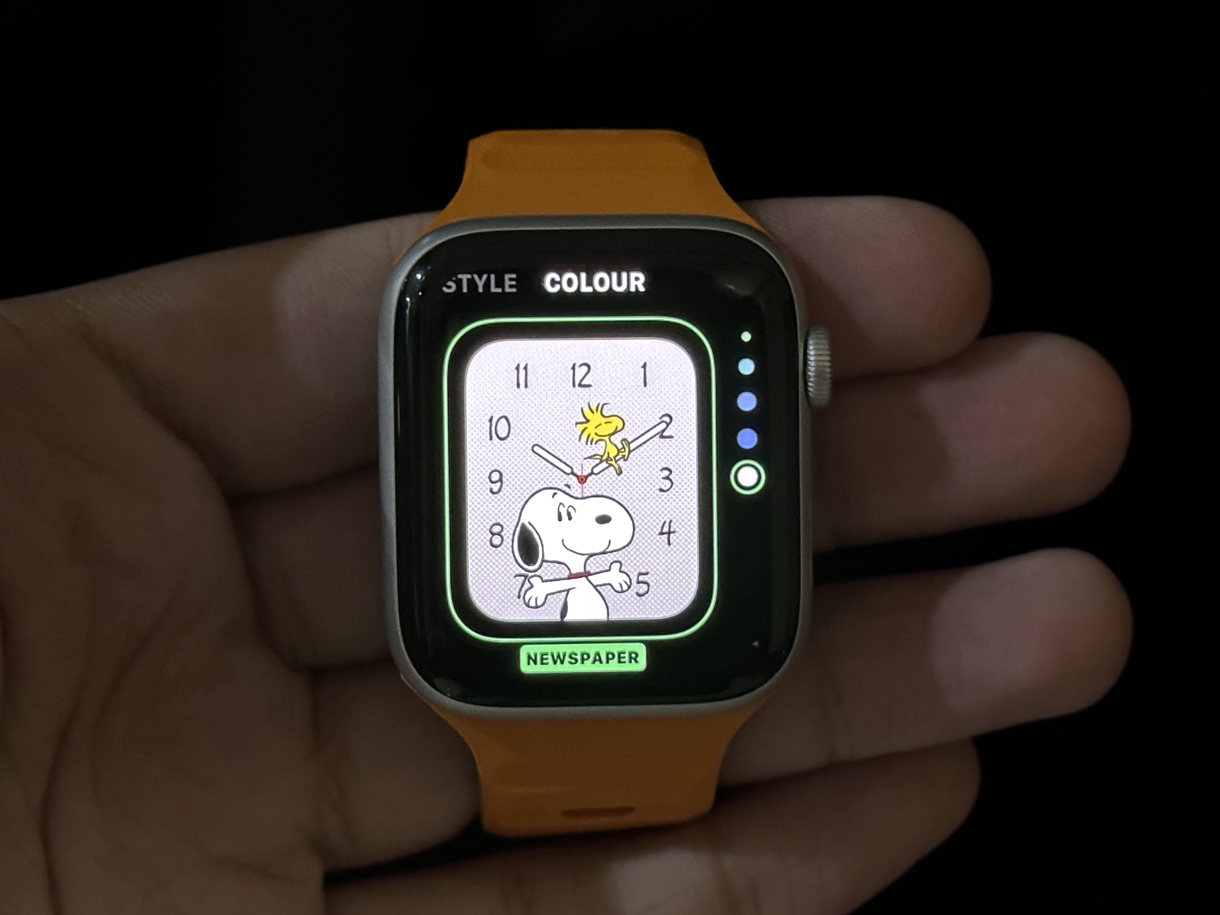 Snoopy Watch Face with Silver background on Apple Watch SE.