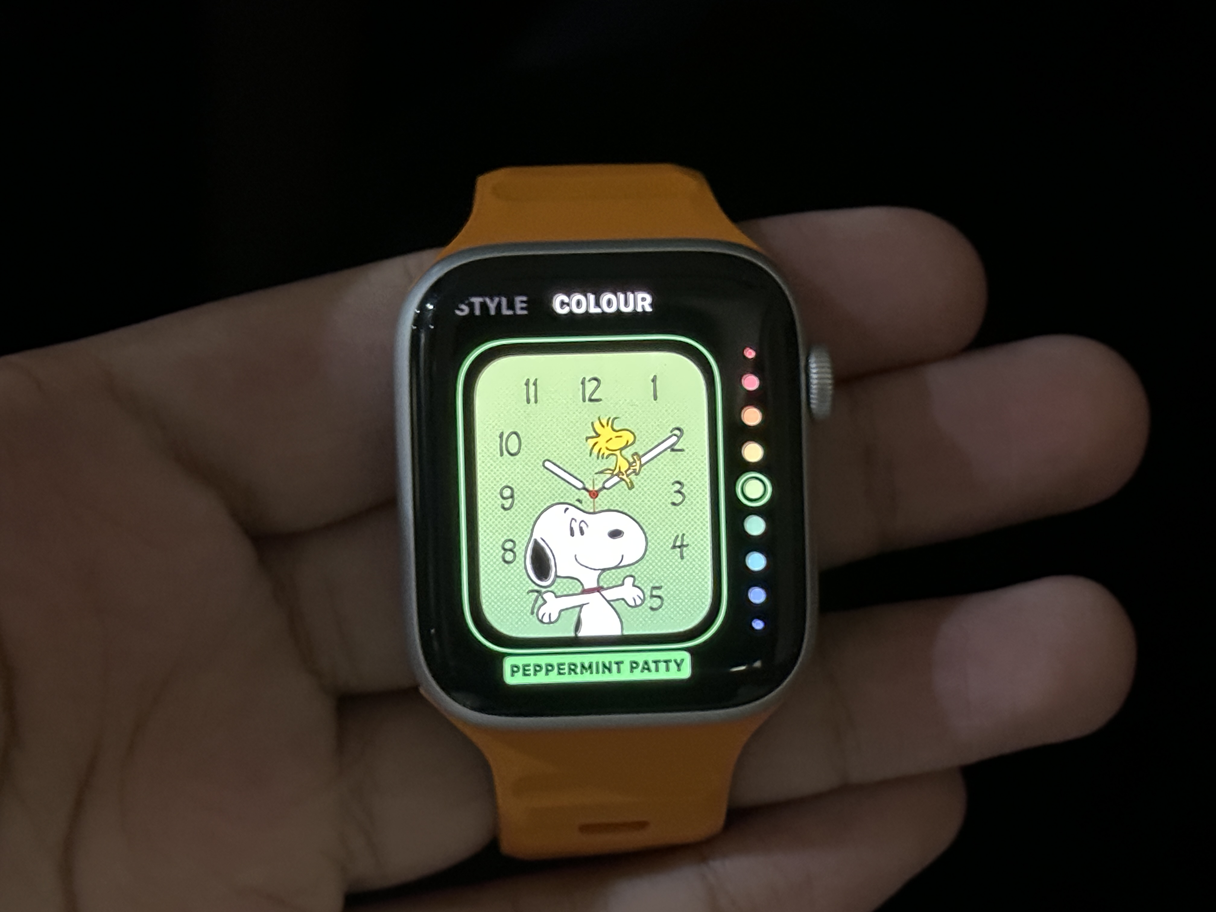 Snoopy Watch Face with Green background on Apple Watch SE.